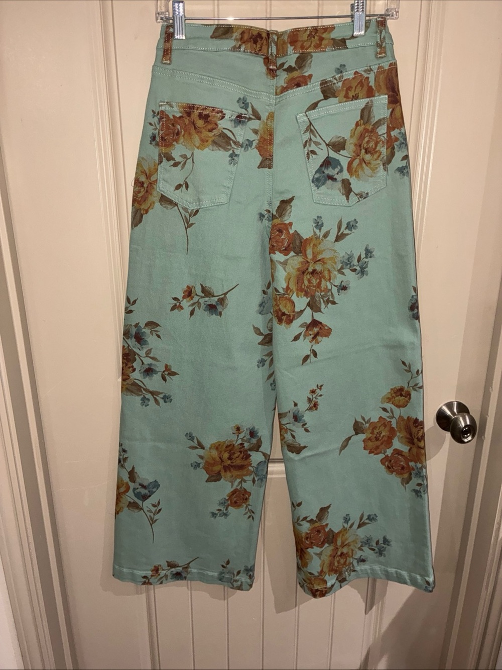 Floral Wide Leg Jeans in Mint with Brown Rose Print - Picture 4 of 9